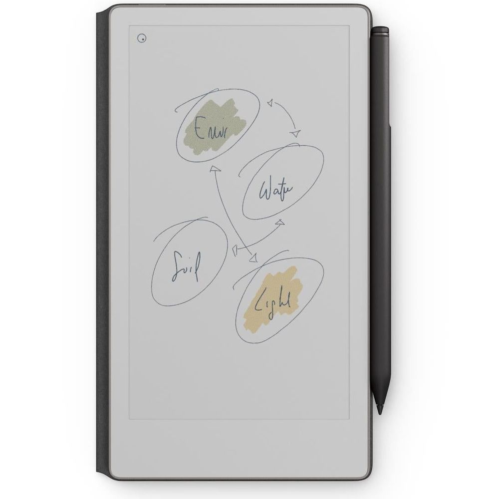 Basalt dark gray folio cover open, tablet screen with diagrams and pen on right