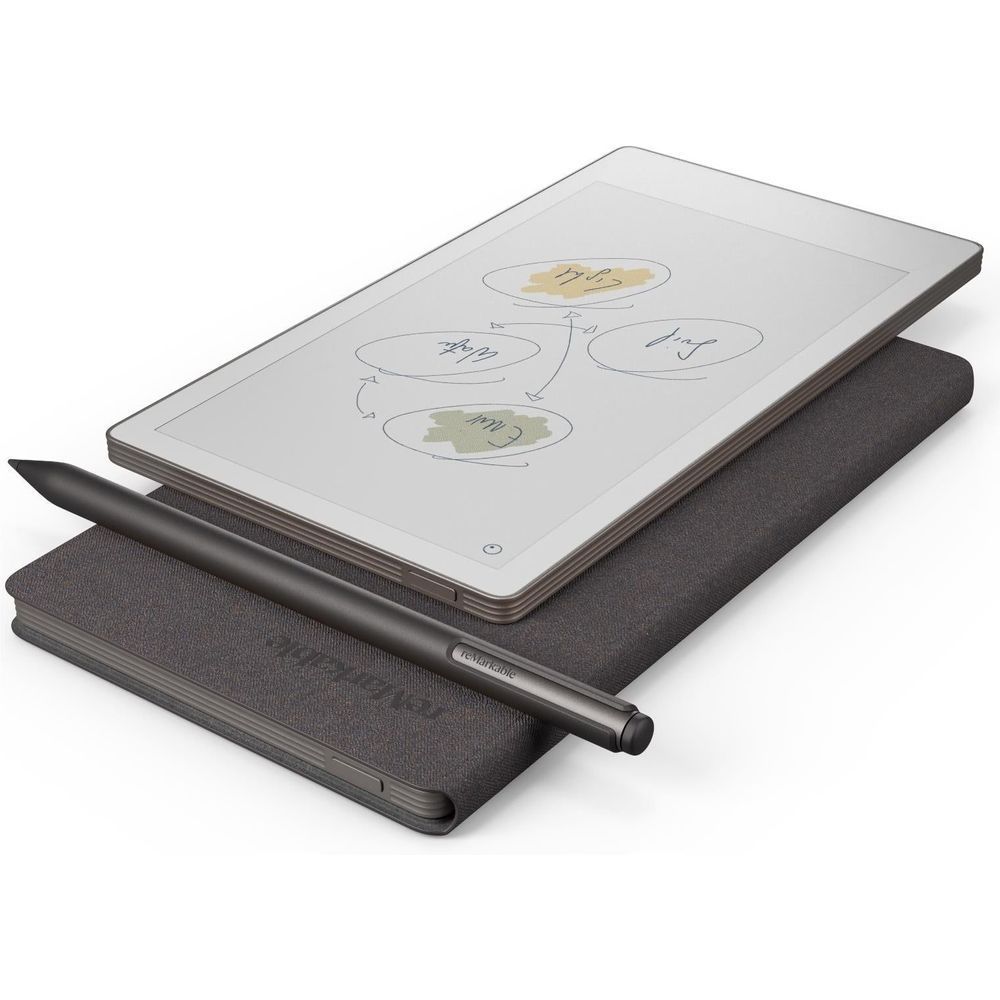 Basalt dark gray folio with tablet inside, stylus resting alongside the case