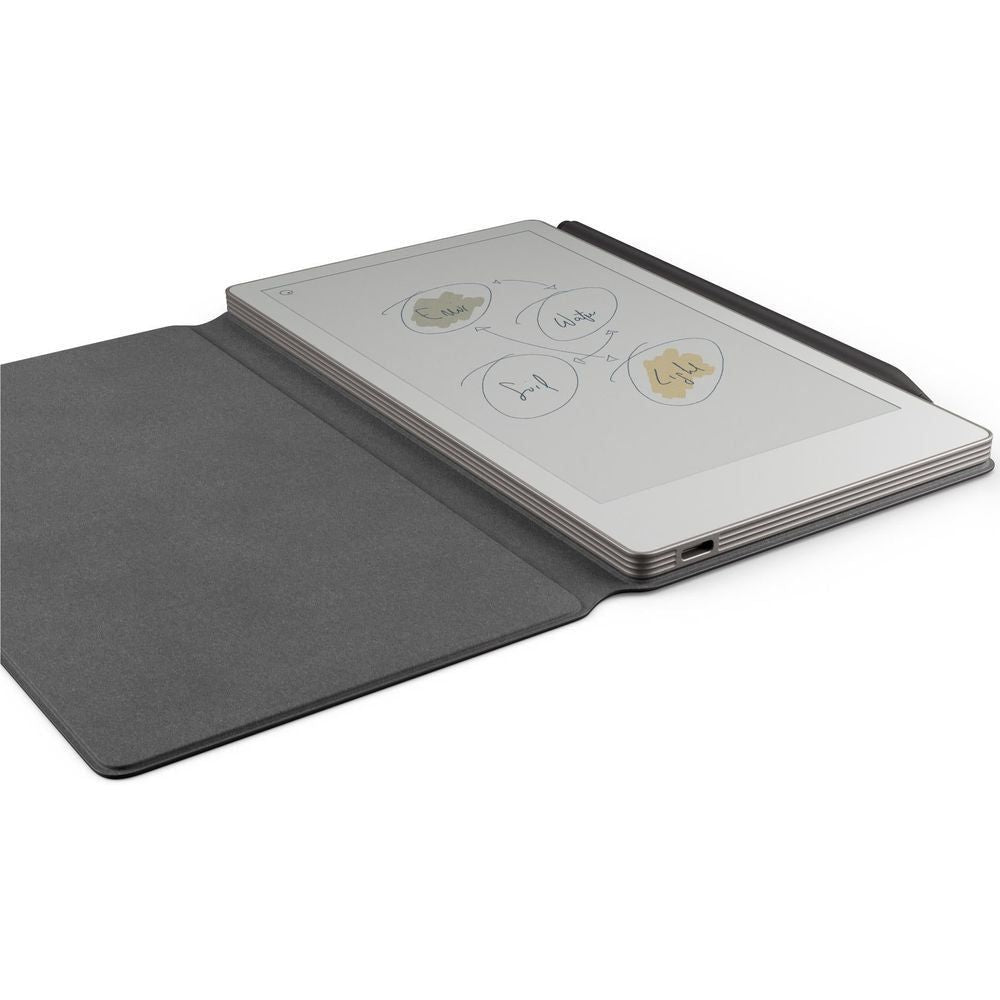Basalt dark gray folio open flat, tablet inside with screen drawings visible