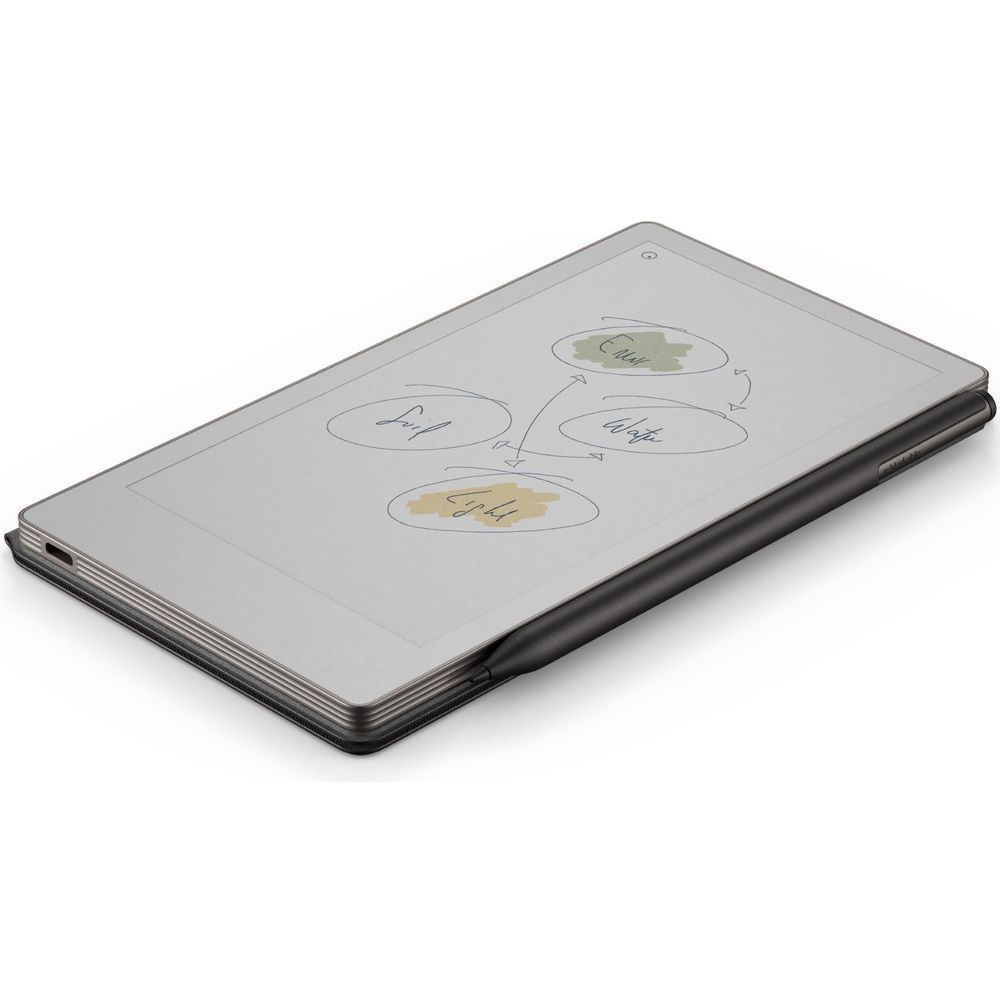 Basalt dark gray folio closed over tablet, top view with screen drawings visible