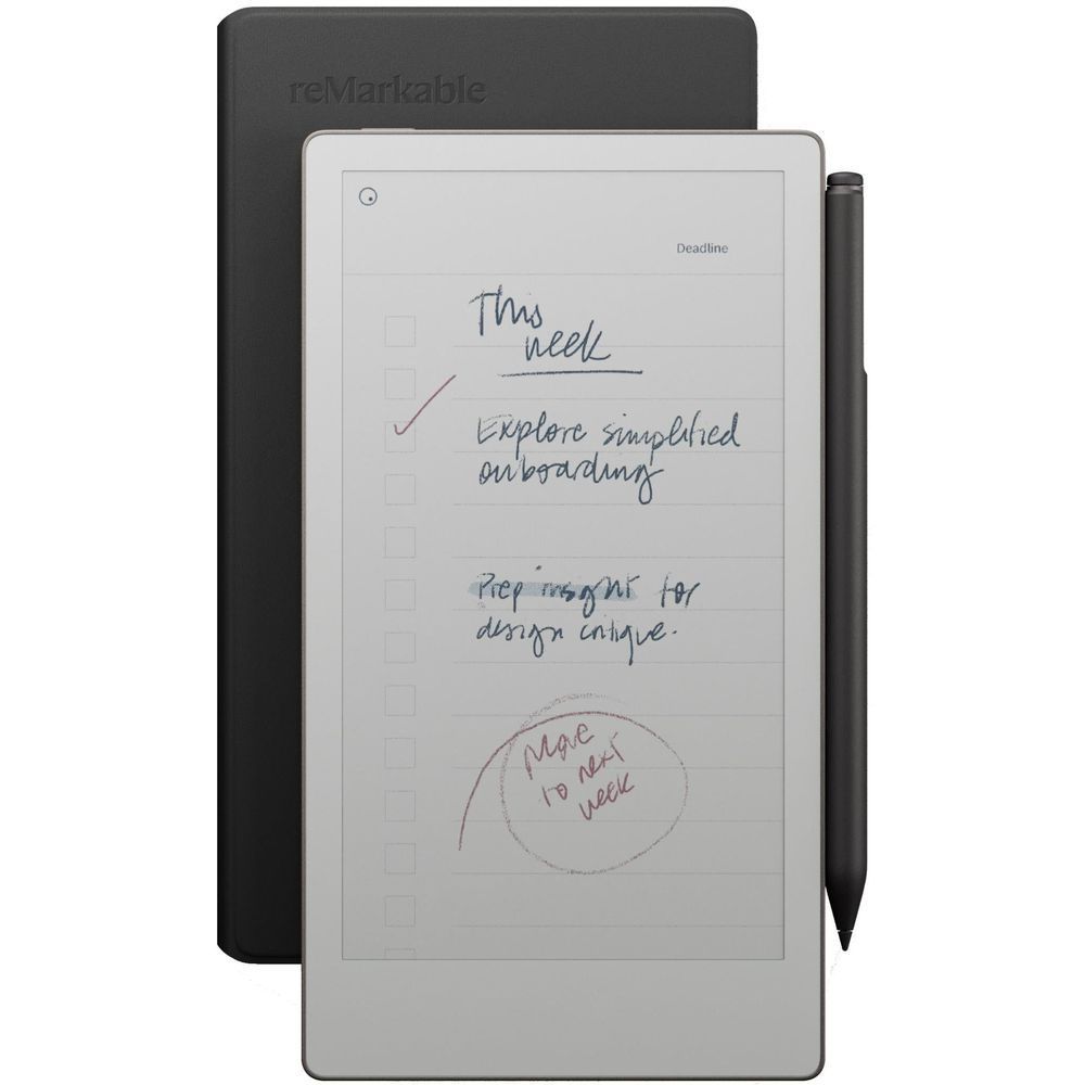 reMarkable PaperPro Move e-paper tablet with black folio open and stylus attached