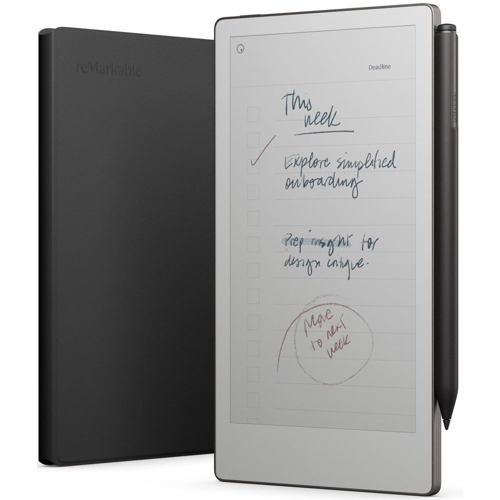 reMarkable PaperPro Move tablet in black leather folio with handwritten note and stylus