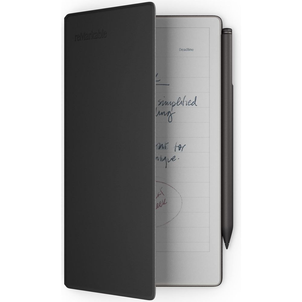 reMarkable PaperPro Move tablet partially closed in black folio with attached stylus