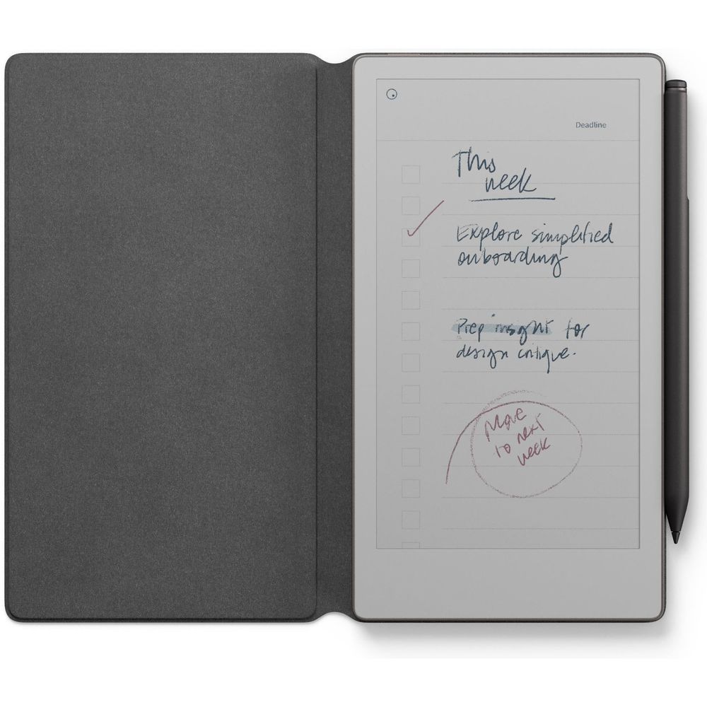 reMarkable PaperPro Move in black leather folio, open with handwritten page and stylus