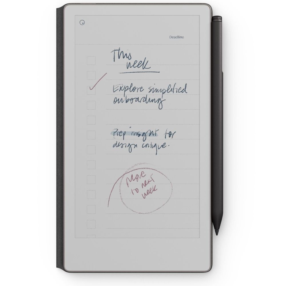 reMarkable PaperPro Move tablet with black folio standing open, stylus shown at side