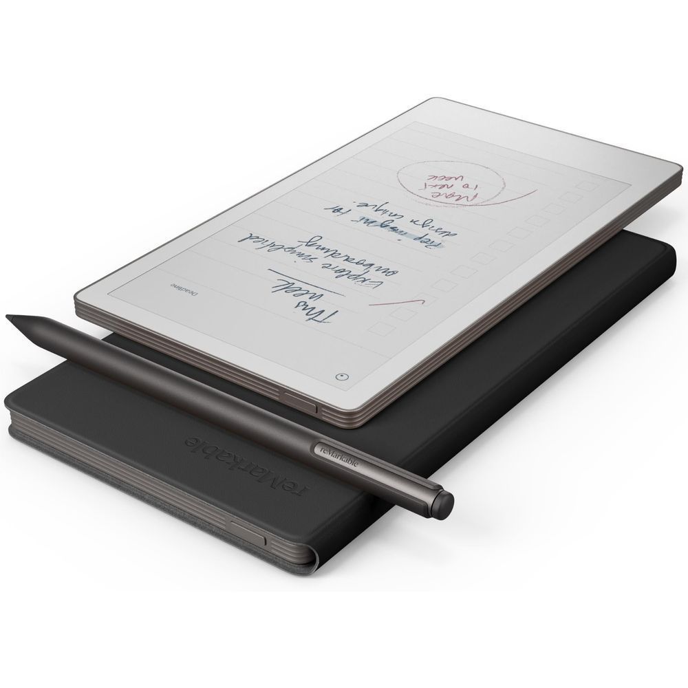 reMarkable PaperPro Move tablet with black leather folio and MarkerPlus stylus