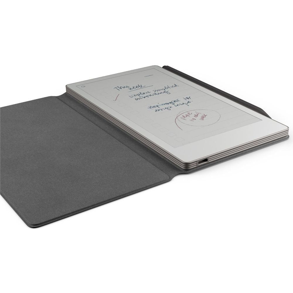 reMarkable PaperPro Move tablet in open black folio, edge ports visible