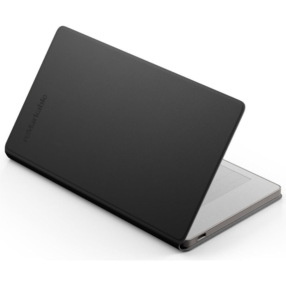 reMarkable PaperPro Move tablet with black leather folio closed, side port visible