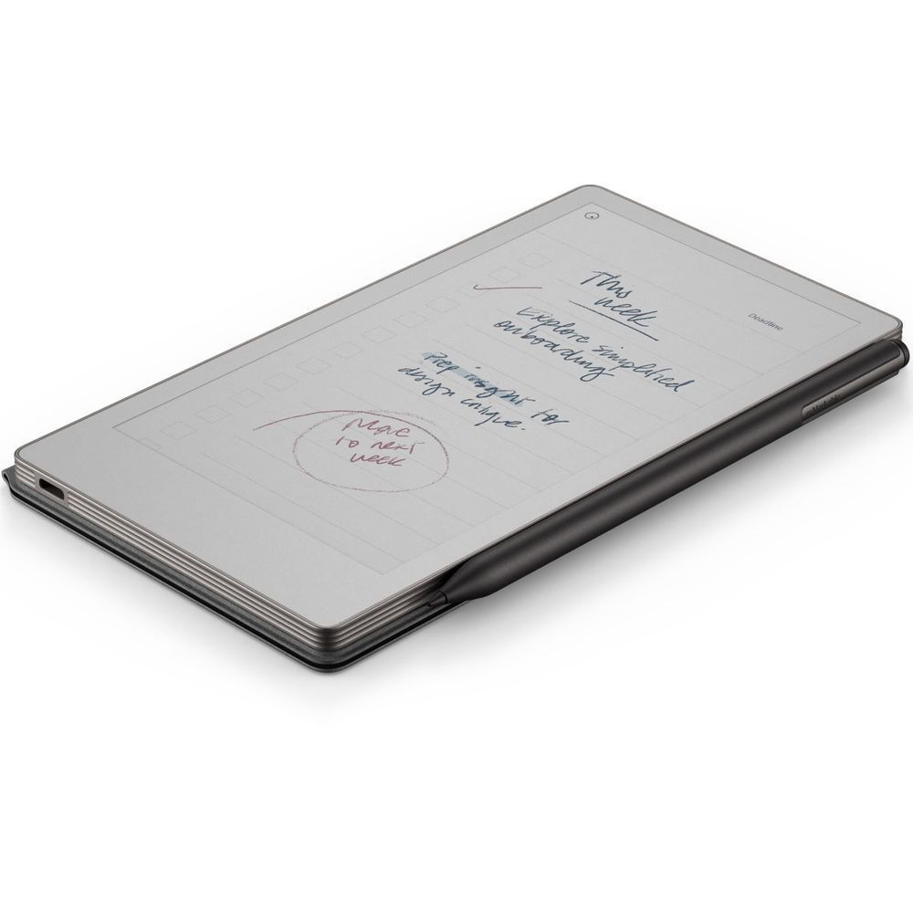 reMarkable PaperPro Move tablet with black folio partially open, handwritten page visible