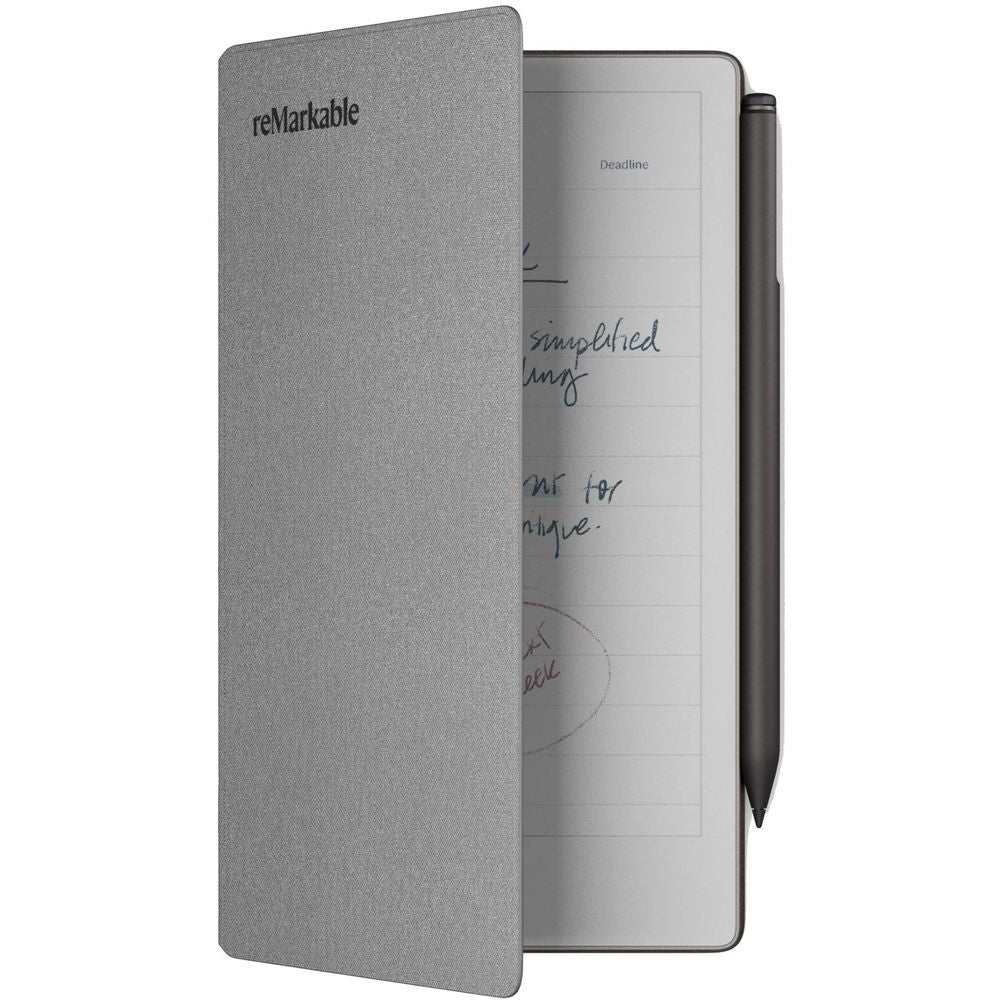 Grey folio cover open, showing notebook pages and a pen on the side