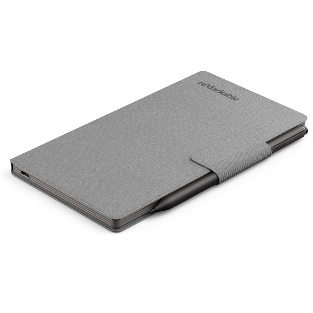 Grey folio case with textured polymer weave and magnetic flap, folded for tablet