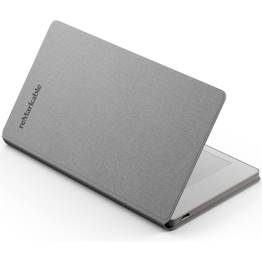 Grey folio cover with protective back, textured finish and side port opening