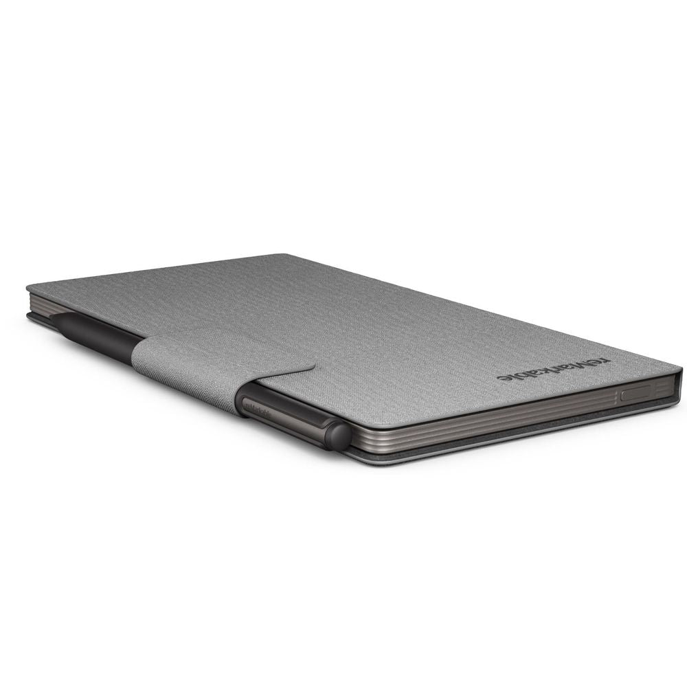 Grey closed folio cover with clasp flap and visible bottom side port