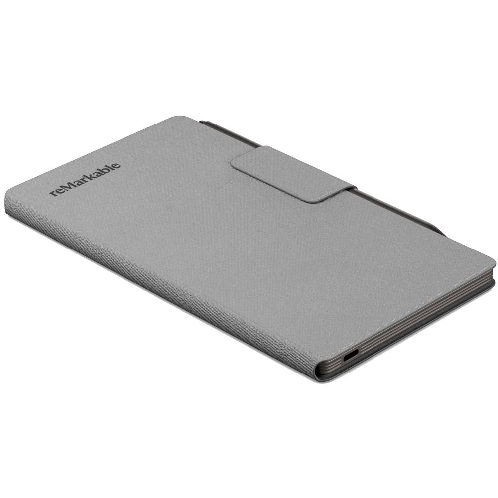Grey textured folio cover with top flap and bottom side port opening, angled view