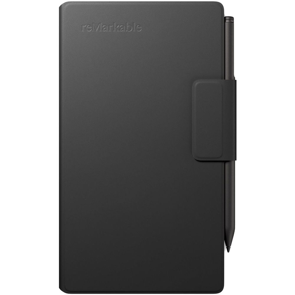 Black leather reMarkable folio with front pocket and pen holder on the right edge