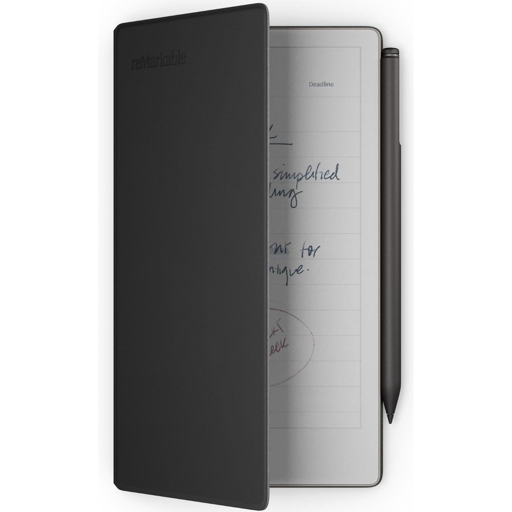 Black leather folio opened, showing an inner page and a built-in pen