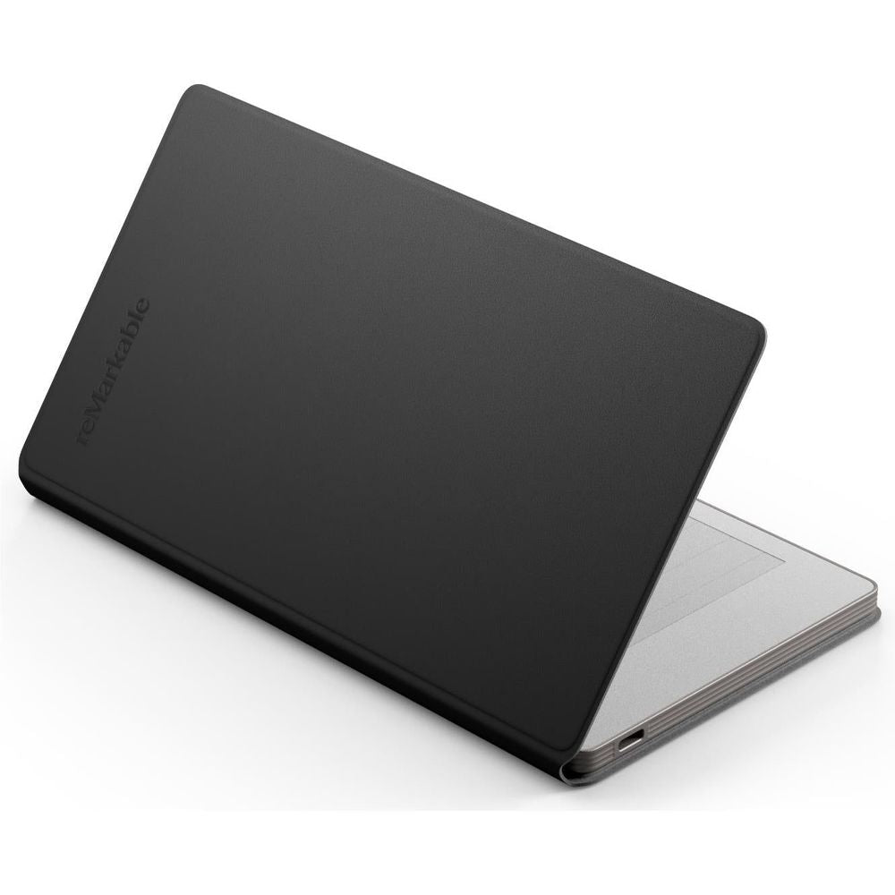 Black leather book folio cover with rounded corners and visible device edge