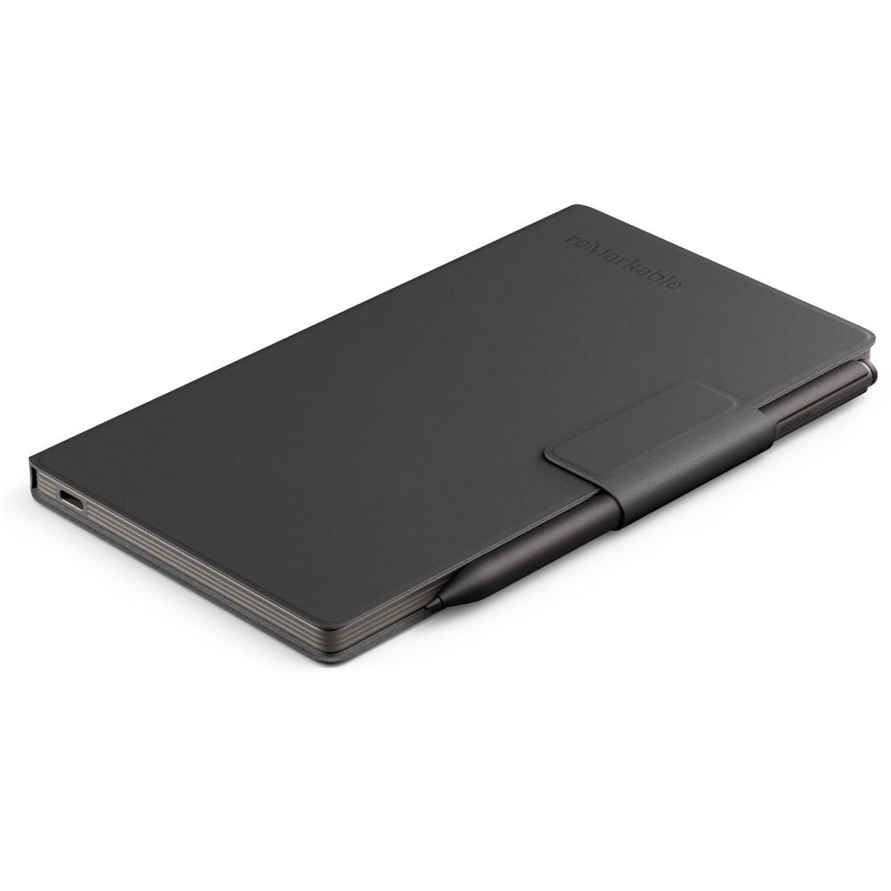 Black leather folio with wrap flap and side port opening along the spine