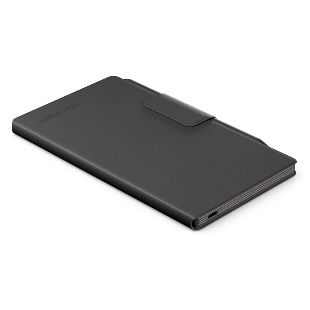 Black leather folio with top flap tab and side device connection