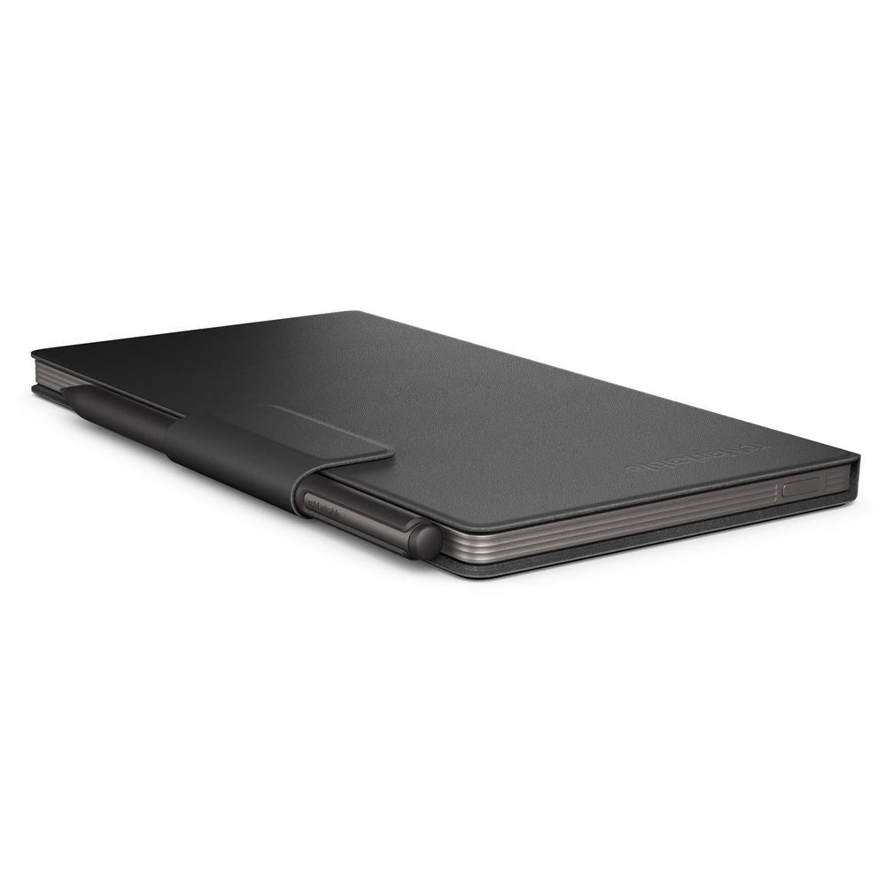 Black leather folio lying open flat, showing a fold-out stand and pen slot