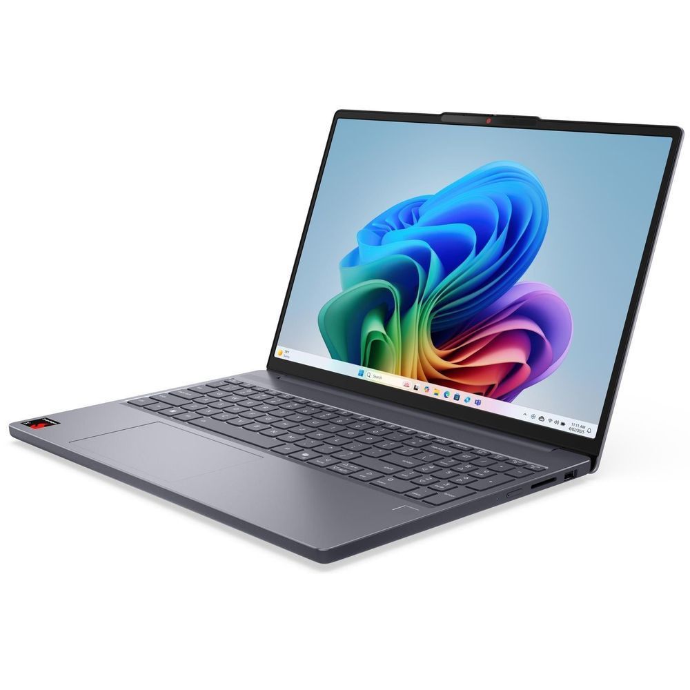 Dark-gray laptop open, showing keyboard and colorful wallpaper display