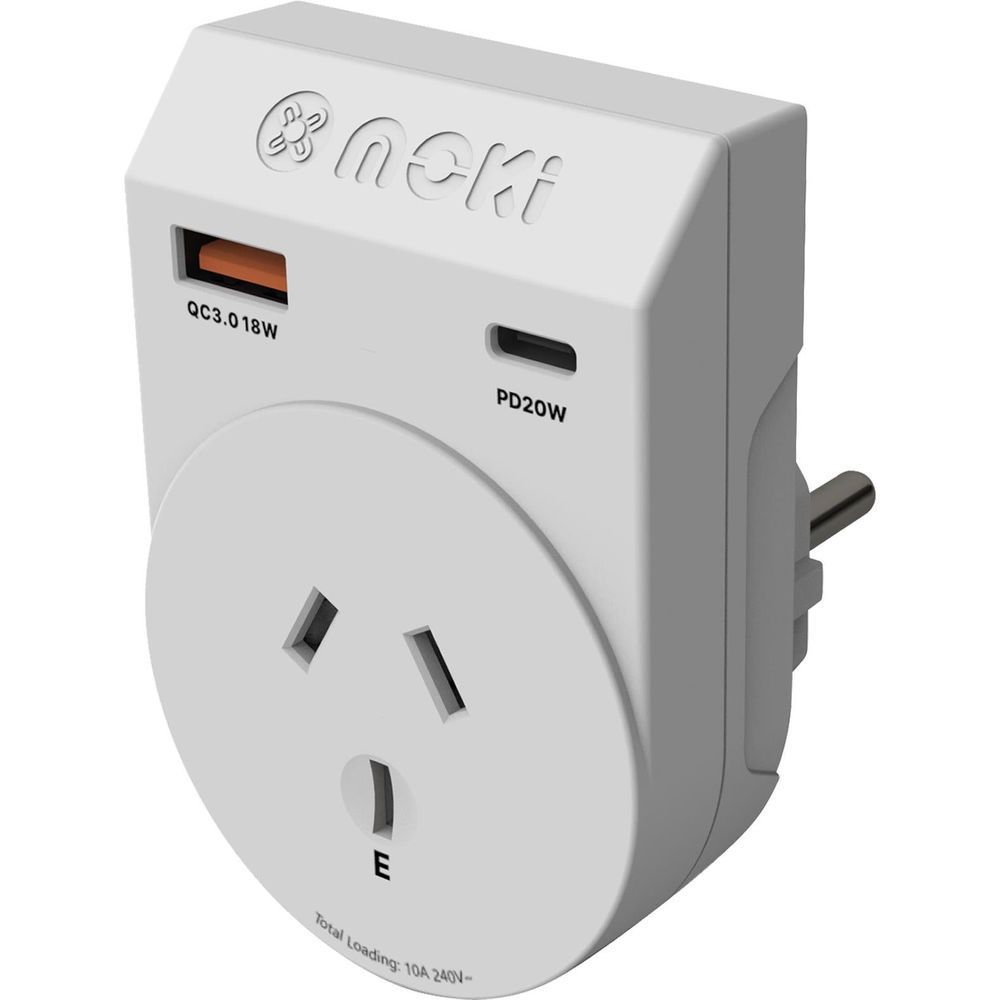 Grey wall travel adapter with EU plug, PD20W USB‑C and QC3.0 USB‑A ports