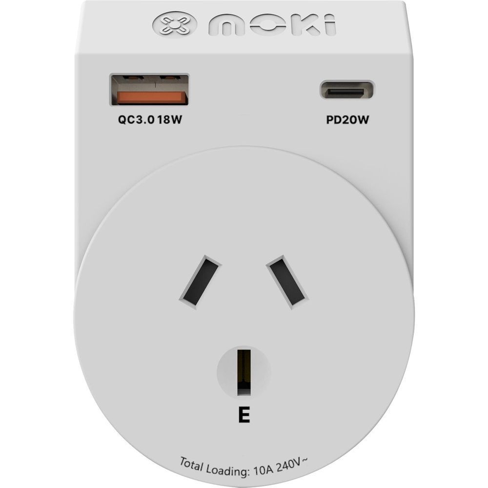 Grey EU travel adapter with two-pin socket, PD20W and QC3.0 USB charging ports