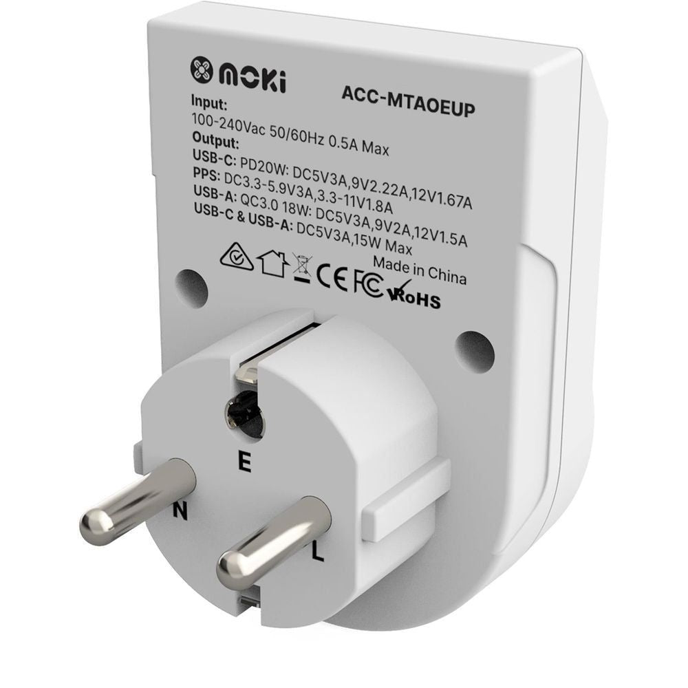Grey plug travel adapter with EU prongs and USB‑C/USB‑A output labels on back