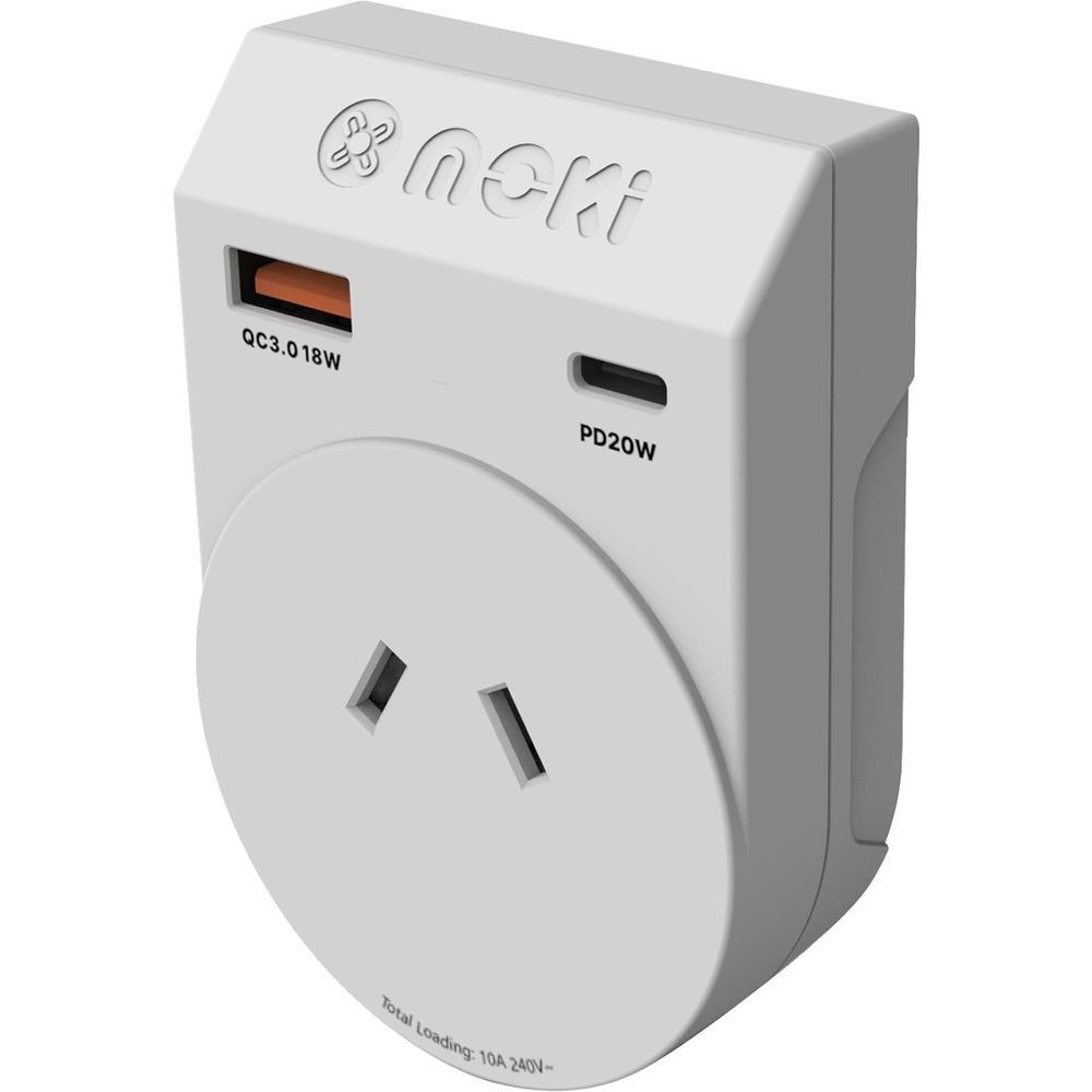 Moki travel power adaptor with PD20W Type-C, QC3.0 USB-A, and two-pin plug