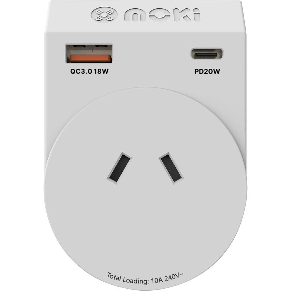 Moki travel power adaptor showing PD20W and QC3.0 port labels above two-pin plug