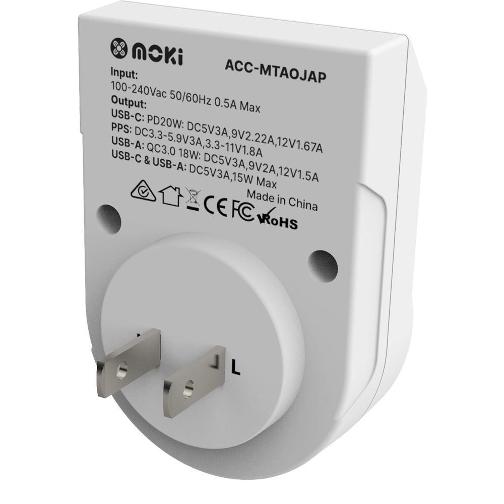 Moki travel adaptor back with input/output specs and two-prong plug