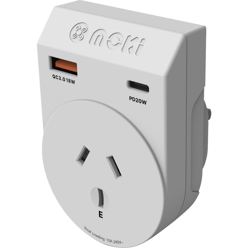 White travel power adapter with UK socket, USB-C PD20W and QC3.0 USB-A ports