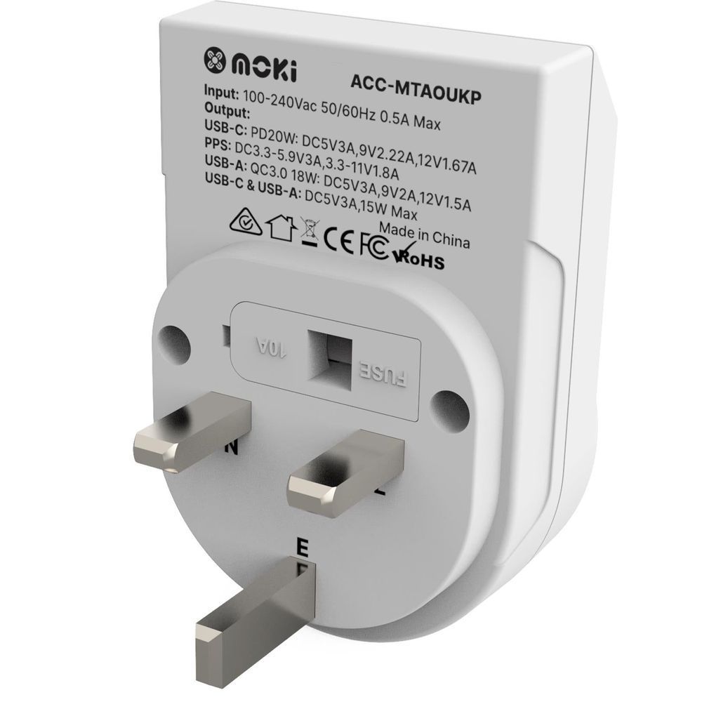 White travel power adapter with UK plug and printed input-output and charging specs