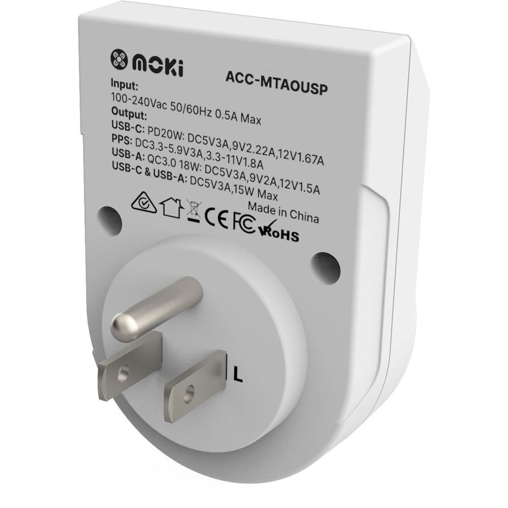 Moki travel power adaptor with foldable US plug and port ratings on back