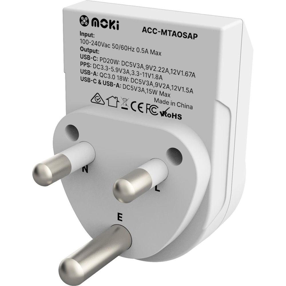 Moki travel adaptor with two round pins and port specs on back