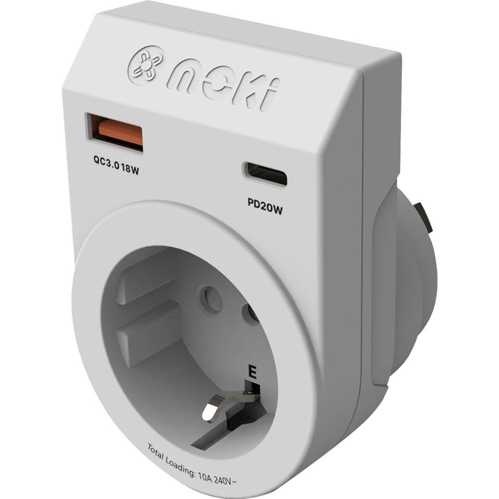 Moki travel adapter plug with USB-C and USB-A ports, EU plug