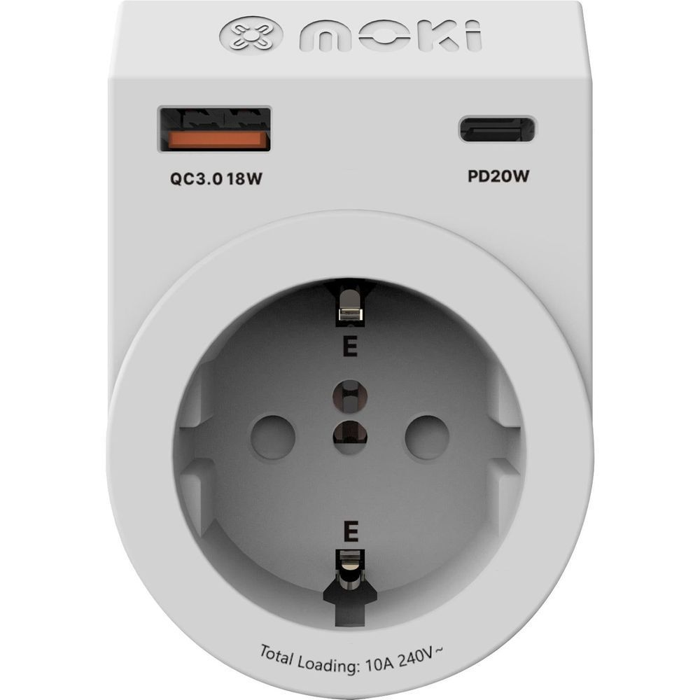 Moki travel adapter plug with QC3.0 USB-A and PD20W USB-C ports, EU plug