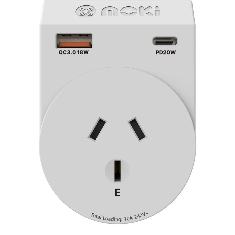Travel power adaptor with PD20W Type-C and QC3.0 18W ports, dual-prong plug, white