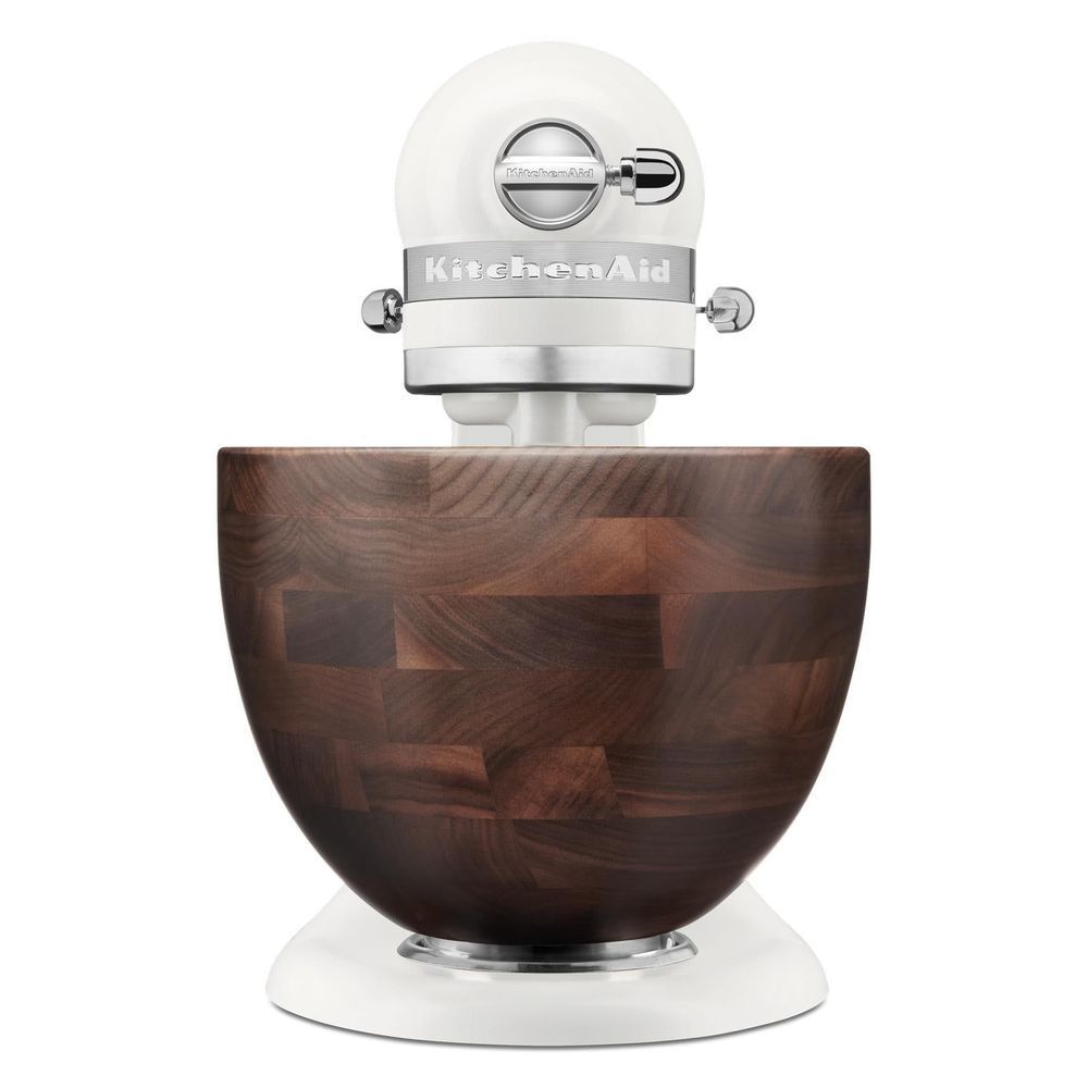 KitchenAid Artisan stand mixer with walnut wood bowl, tilt-head and speed dial