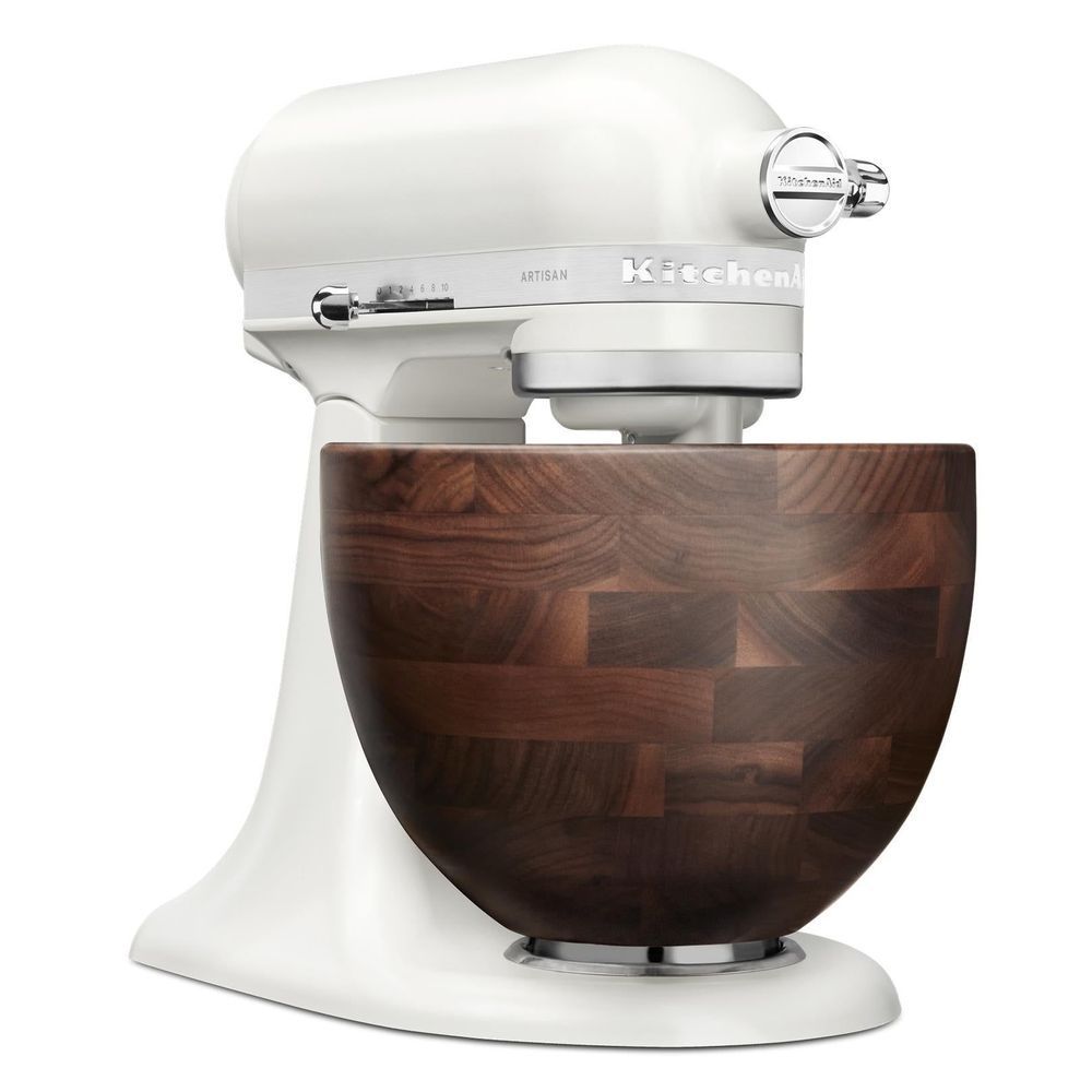 White KitchenAid Artisan stand mixer with walnut wood bowl, side view