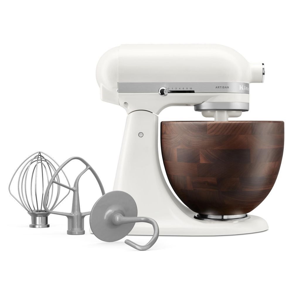 White stand mixer with walnut bowl plus whisk and dough hook attachments