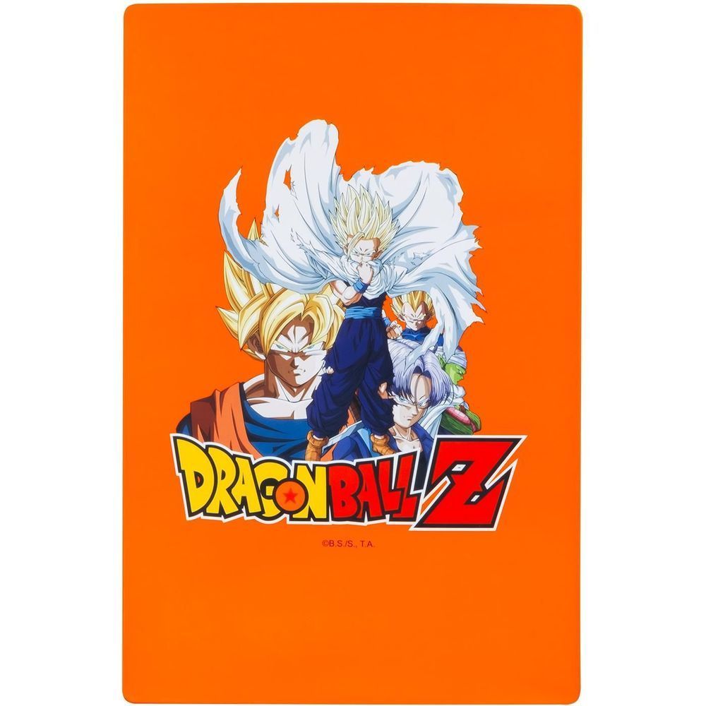 Orange silicone PS5 disc console cover with Dragon Ball Z poster-style characters