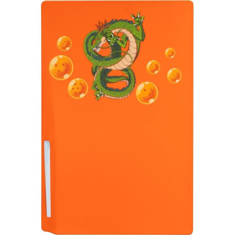 Orange silicone PS5 disc console cover with green dragon illustration and gold orbs