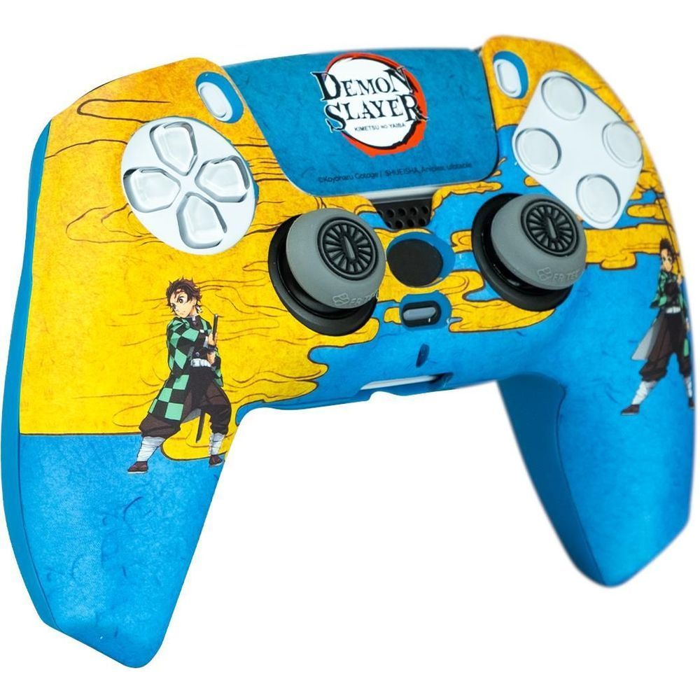 PS5 controller skin with Demon Slayer art, black trigger grips, and white face buttons