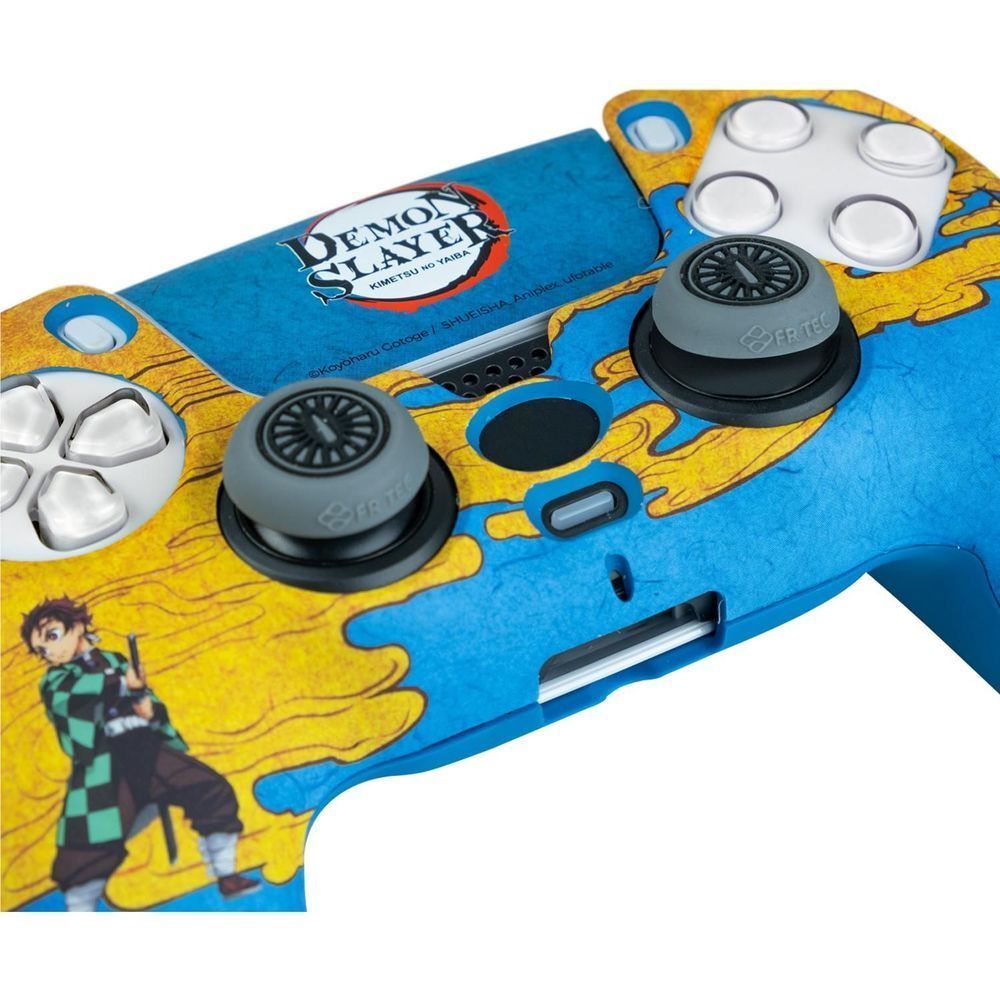 PS5 controller skin close-up with Demon Slayer logo, black analog caps, and white action buttons