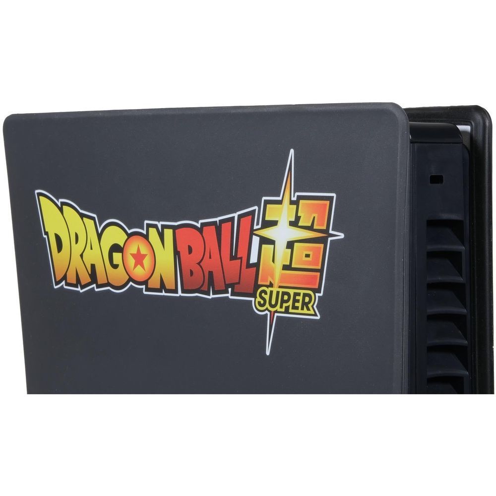 Black PS5 Slim disc silicone cover with Dragon Ball Super logo, partial device view