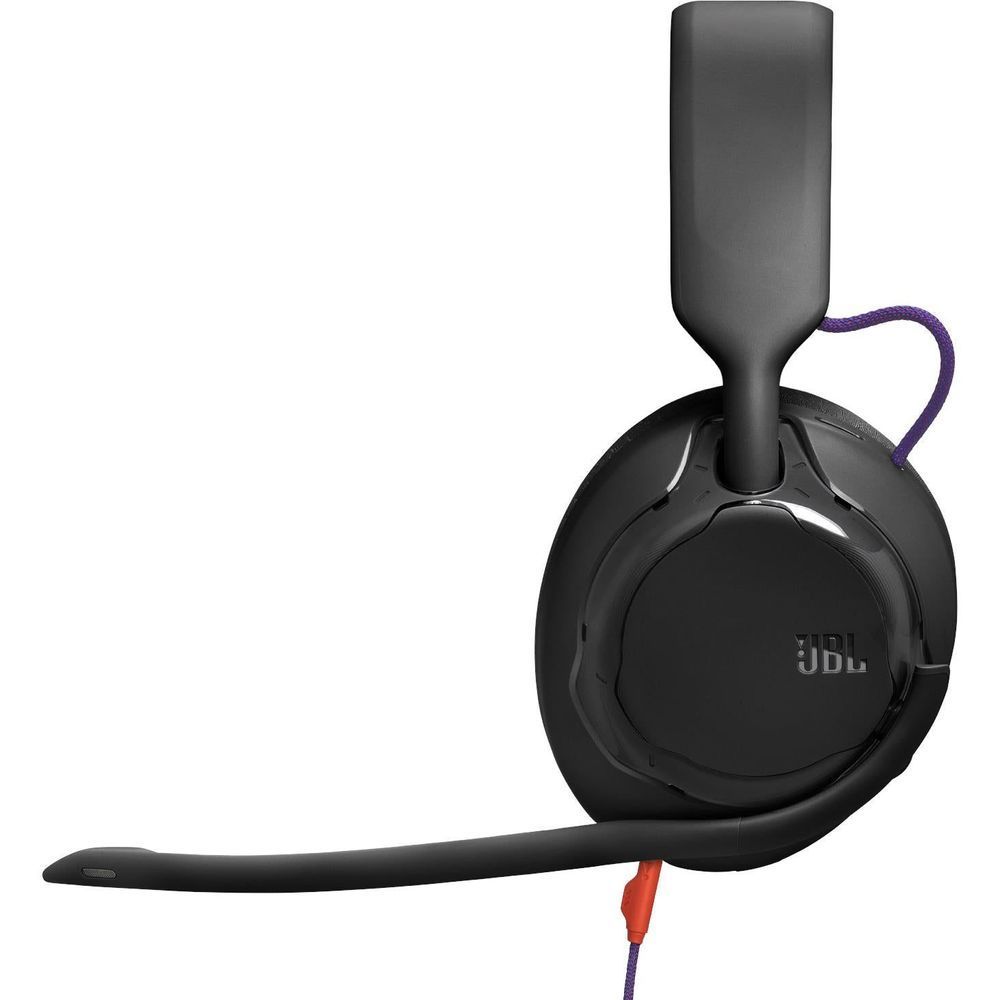 Black over-ear headset with rotating ear cups, padded headband, purple cord and mic