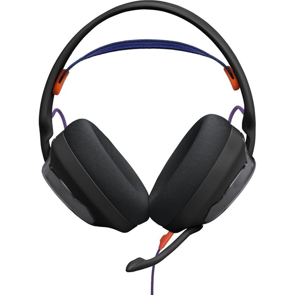 Black over-ear headphones with gray fabric pads, purple headband, and boom microphone