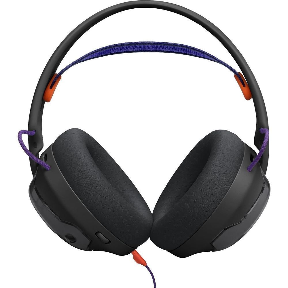 Black wired gaming headset with plush ear cushions, purple headband, and orange accents