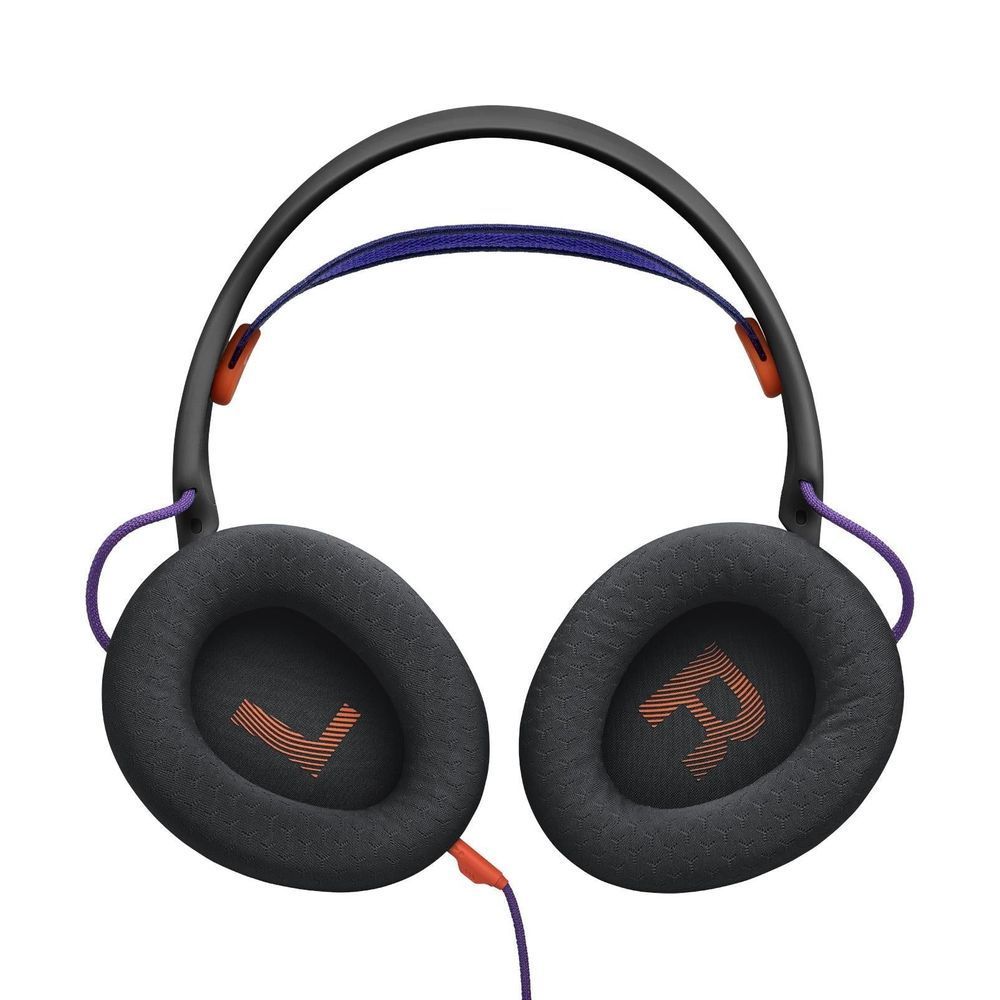 Black ear cushions with headset drivers, purple headband, and orange accent marks